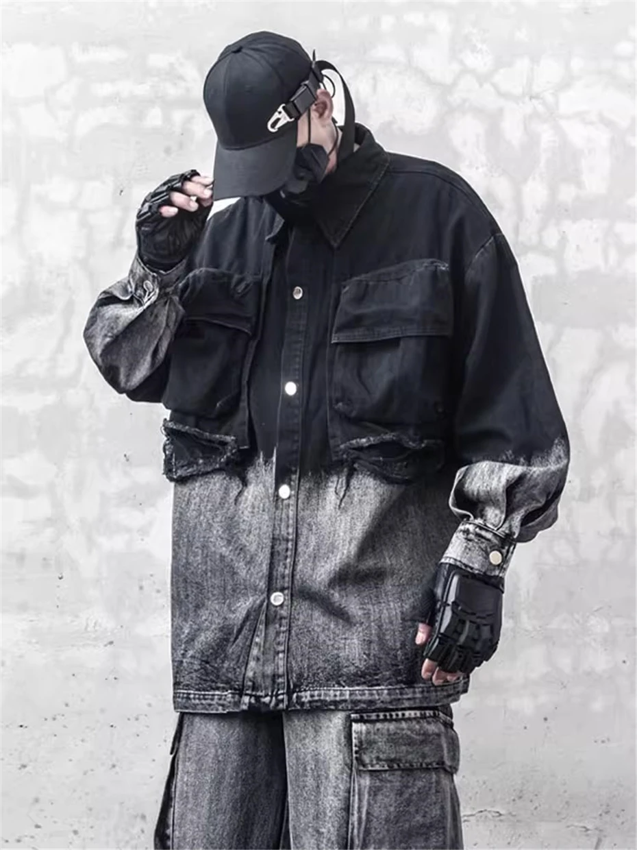 Tactical Mens Denim Jackets Streetwear Hip Hop Gradient Cargo Coats Men Oversized Harajuku Vintage Punk Y2K Jeans Jacket Male