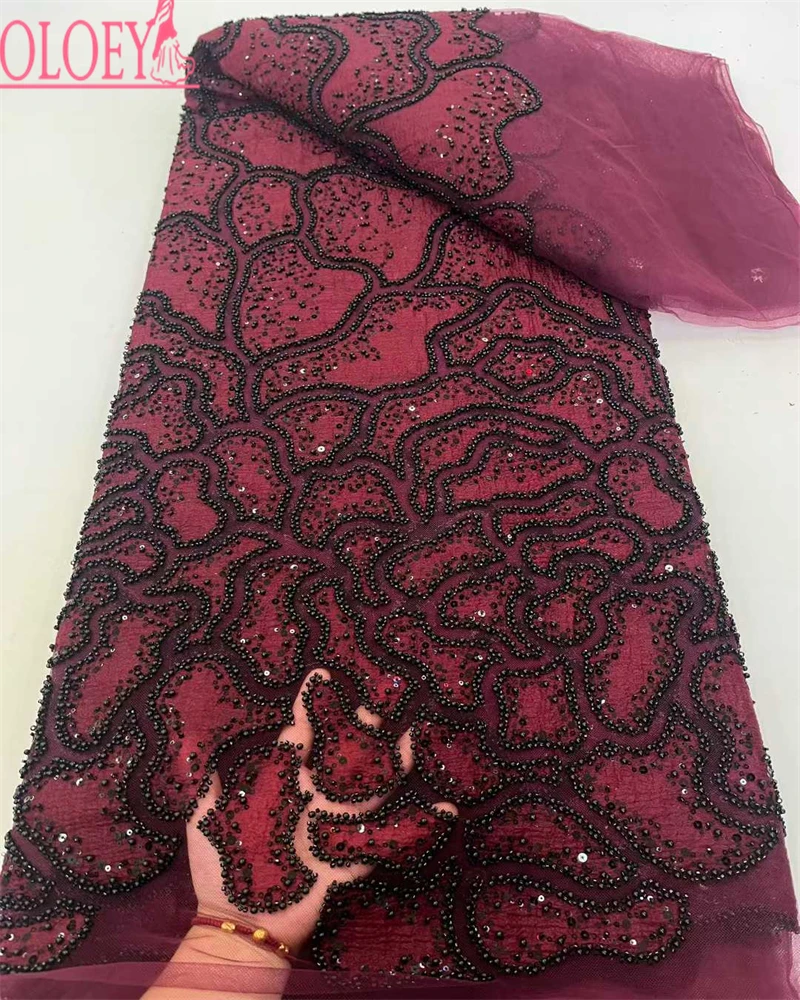 

Nigerian High Quality Luxury Sequins Embroidery Lace Fabric French Handmade Tulle Beaded Lace Fabric For Women Wedding Dresses
