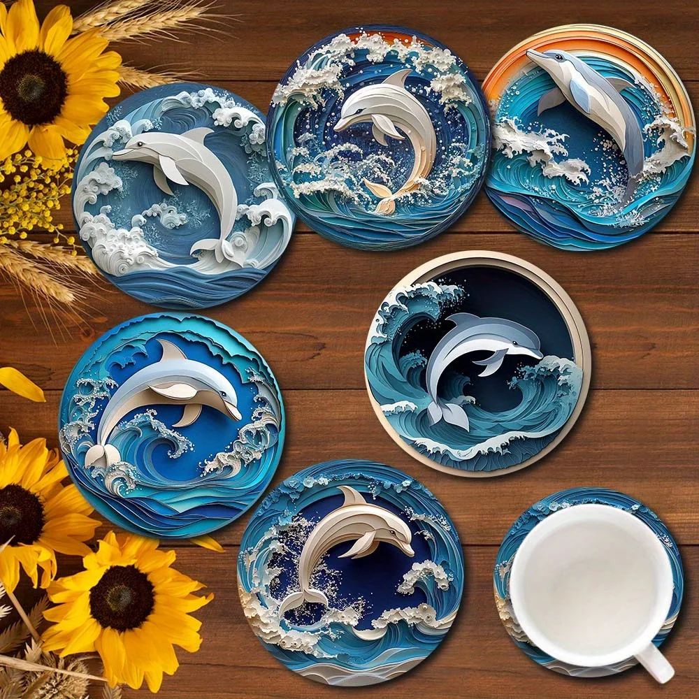 Dolphin Ocean Pattern 2D Wooden Coaster Decorative Cup Mat for Home Restaurant Bar Party Holiday Christmas Gift 6PCS 10CM