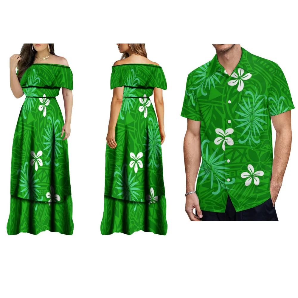 

Polynesian One-Line Shoulder Ruffled Double-Layer Neckline Dress Custom Banquet Elegant Dress Summer Couples Dress Men'S Shirt