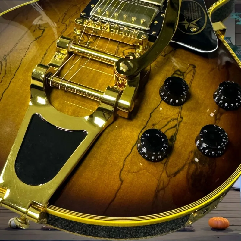 Vintage Sunburst Electric LPOU Guitar HHH Double Locking Tremolo System Gold Star Logo Gold Hardware Heavy Metal Rock Band Gig