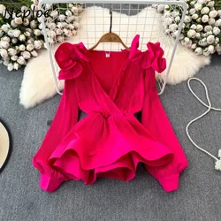 Neploe 2024 Spring New V-neck Pleated Blouses Vintage Ruffles Slim Waist Blusas Mujer Y2k Long Sleeve 3d Petal Shirts Women