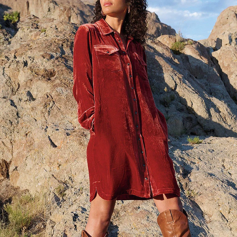 Abito corto vintage color unita deserto Abito casual monopetto a maniche lunghe a trapezio Abito camicia in velluto con colletto bavero da donna
