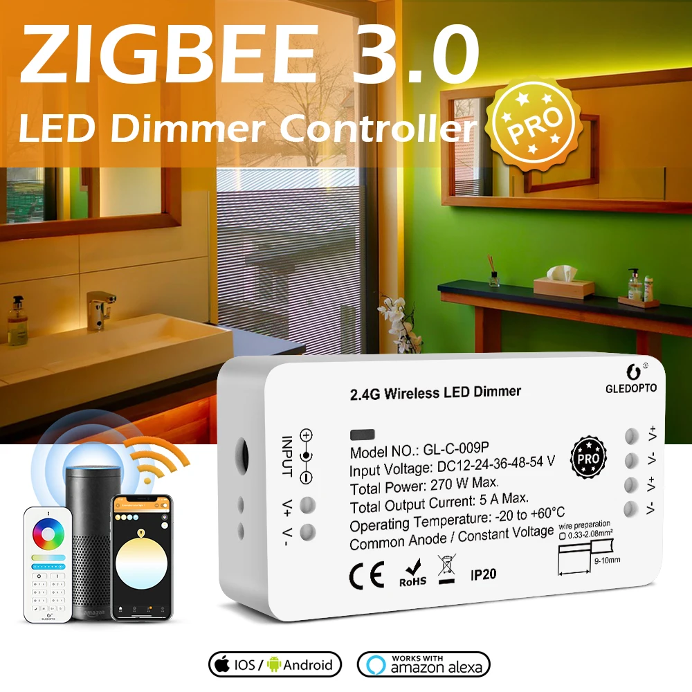 

GLEDOPTO Zigbee 3.0 LED Controller Pro Dimmer Adjustment Work with Smartthings Tuya App Alexa Echo Plus Voice Remote Control