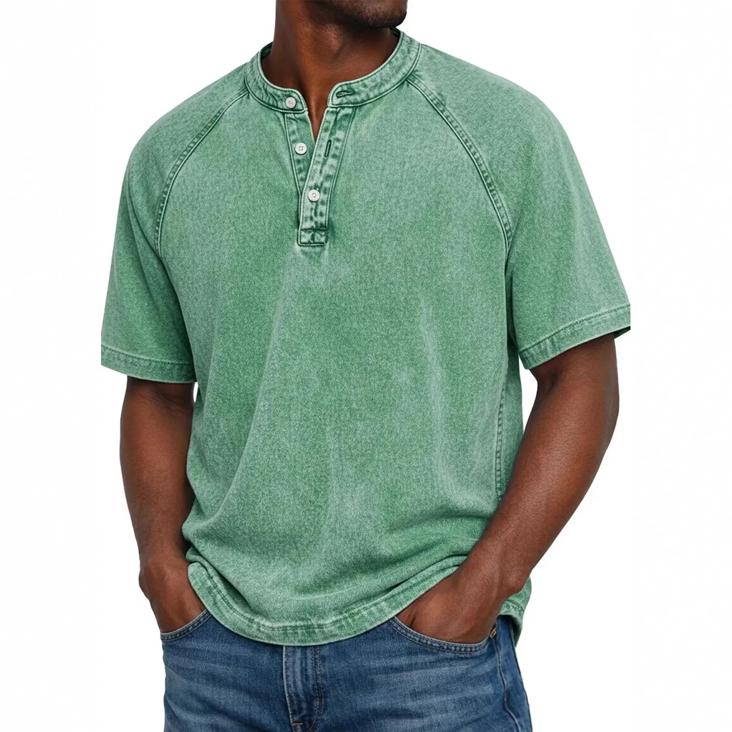 

2026 Spring/Summer New Men's Henley Collar Long Sleeve Slim Fit Distressed Washed Pullover Casual Shirt