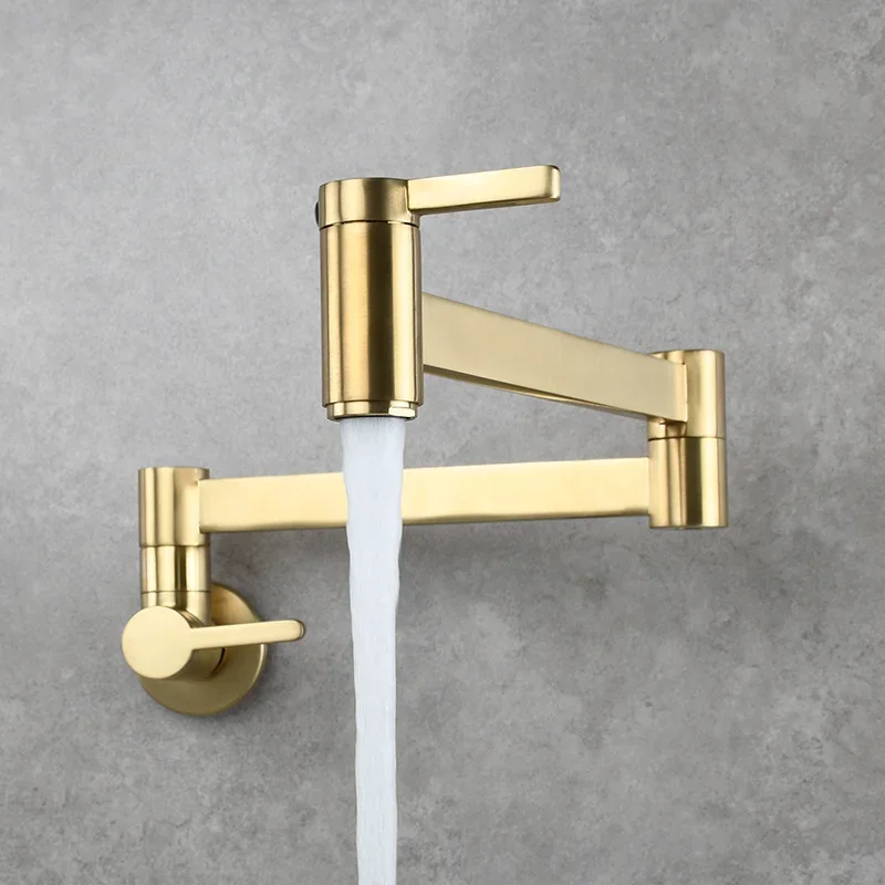 

Pot Filler Tap Wall Mounted Foldable Kitchen Faucet Single Cold Single Hole Sink Tap Rotate Folding Spout Brushed Gold Brass