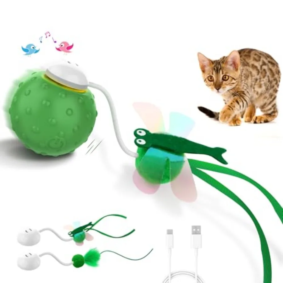 

Interactive Cat Ball Toy, Fast Moving Cat Toys for Indoor Cats-with Dragonfly and Feather Tails, Automatic Motion Activated, Re