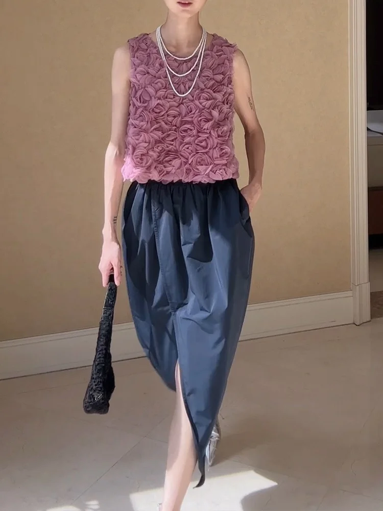 

Heavy Embroidery Rose Flower Two-Piece Set Summer New Style Sleeveless Vest Top Split High Waist Skirt Fashionable plus Size