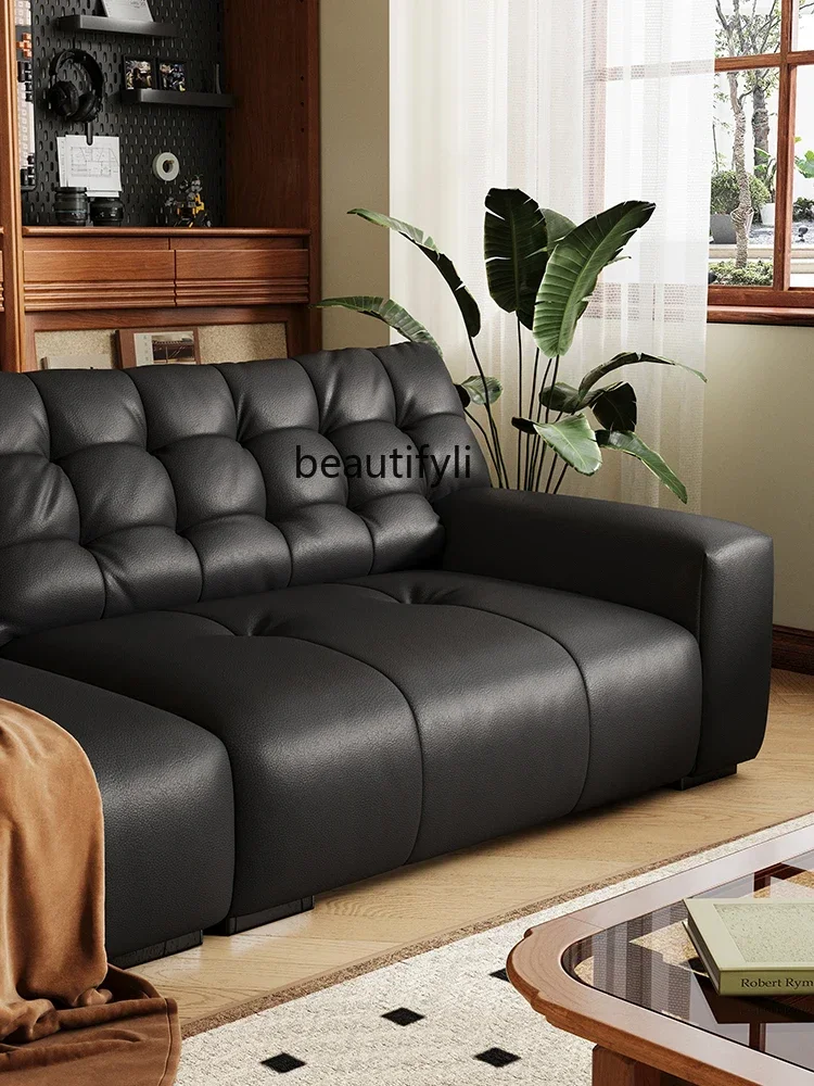 Skórzana sofa do salonu w stylu chińskim, francuska, retro, z wysokim oparciem, czarna sofa