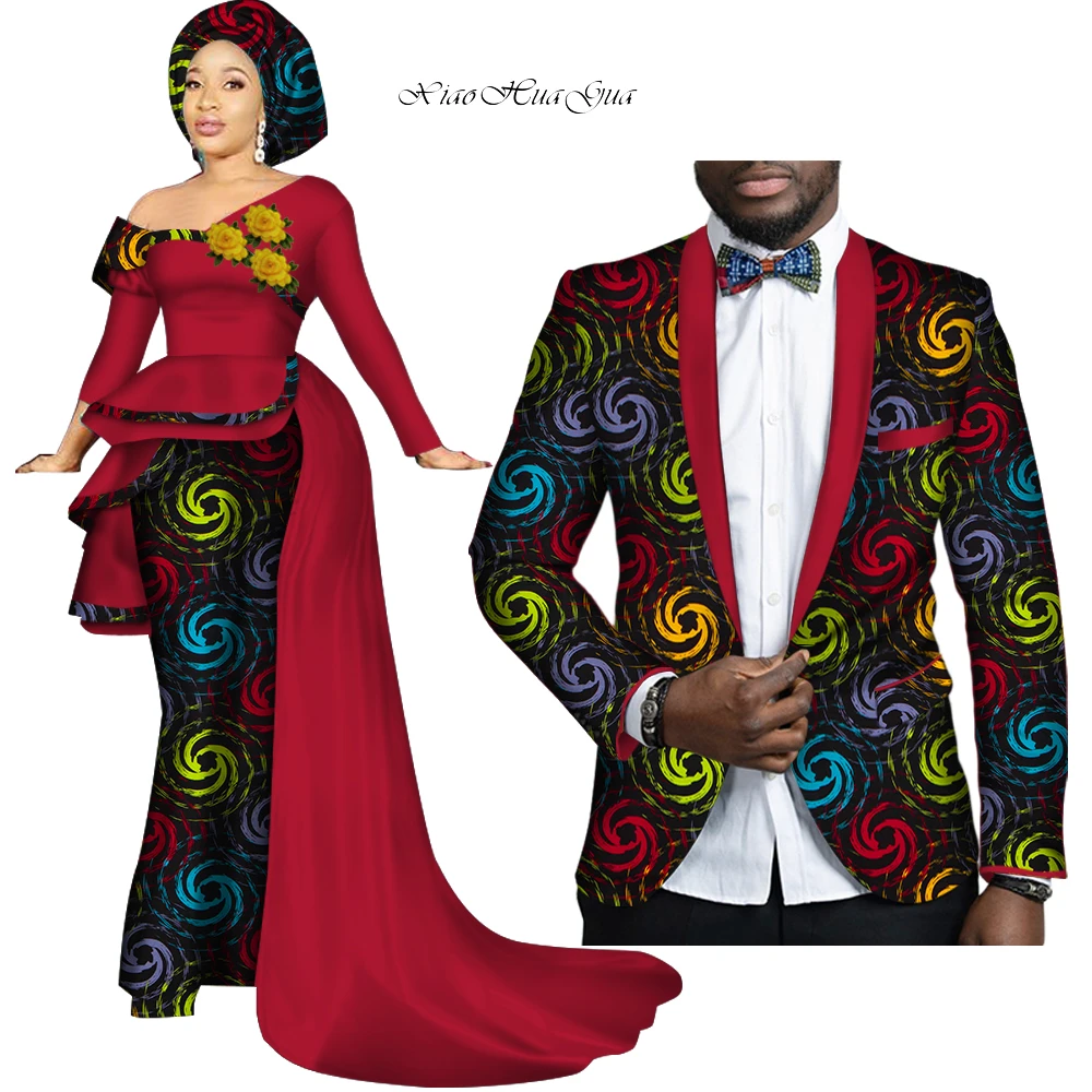 

African Couple Clothes Women Dress Men Blazer Bazin Riche African Print Patchwork Evening Party Dresses Blazers Lovers WYQ278