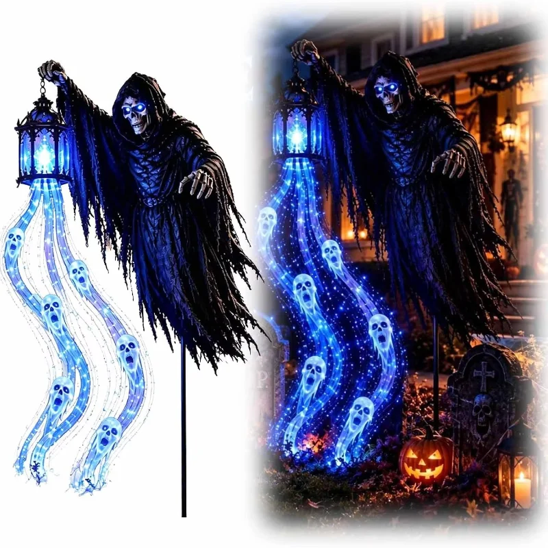 Halloween Reaper Dynamic Light Soul Harvester  Solar Powered Garden Light Gothic Lantern Decor with Flowing Blue LED Soul Light