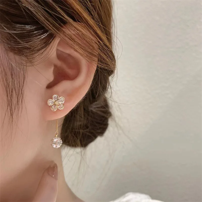 Korean Star Moon Heart Zirconium Ball Triangle Tassel Stud Earrings Women Light Luxury Elegant Girlfriend Jewelry