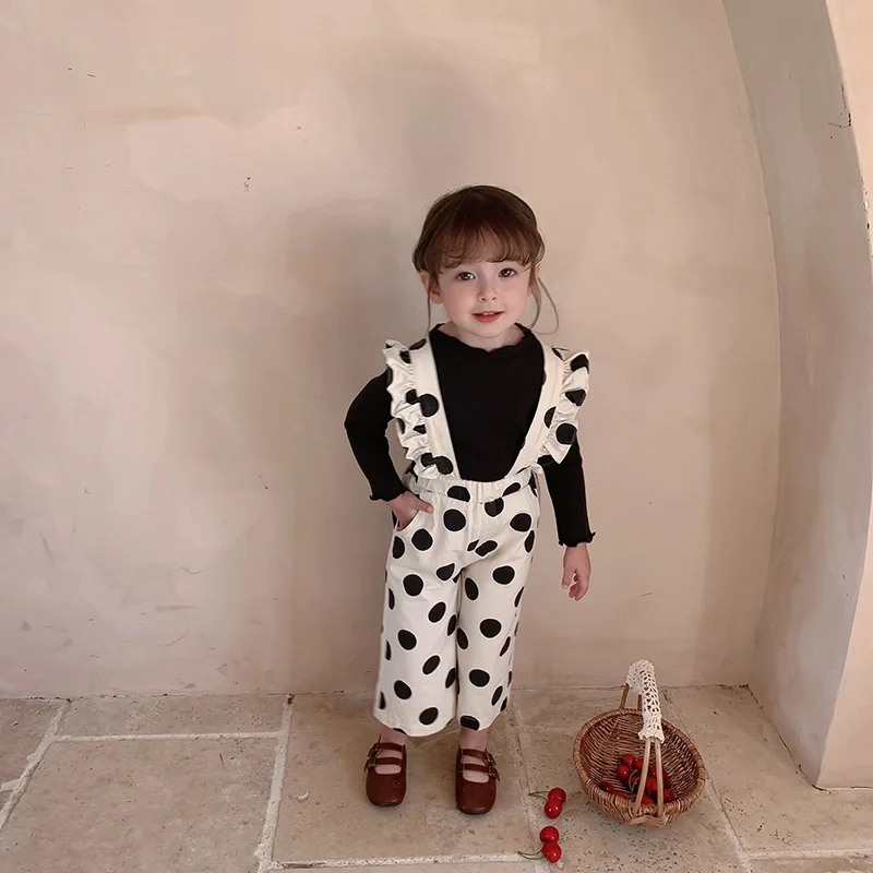 Girls' Set Long Sleeve Stretch Base Shirt with Polka Dot Overalls24Autumn and Winter New Fashion Foreign Trade Children's Wholes 4