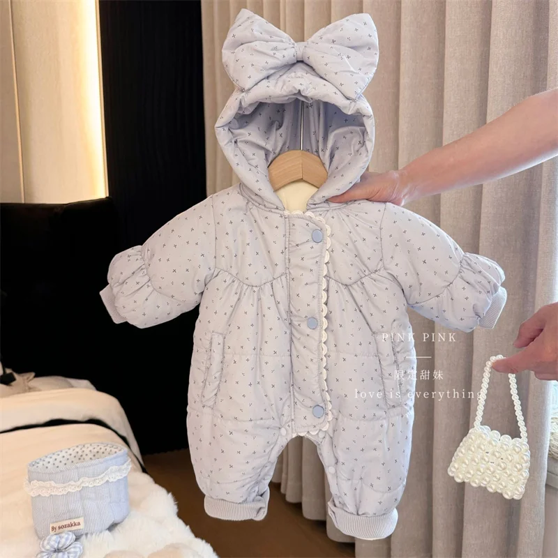 Baby Girls Winter Jumpsuits Kids Warm Floral Hooded Thick Overalls Children Printed Bow Romper Toddler Thermal Outdoor Clothes