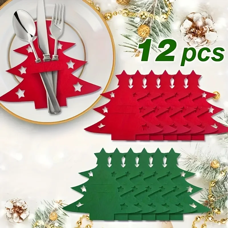 12Pcs Christmas Tree Shaped Felt Cutlery Mats With Stars Decor Durable For Home Christmas Festive Party Table Decor Accessories
