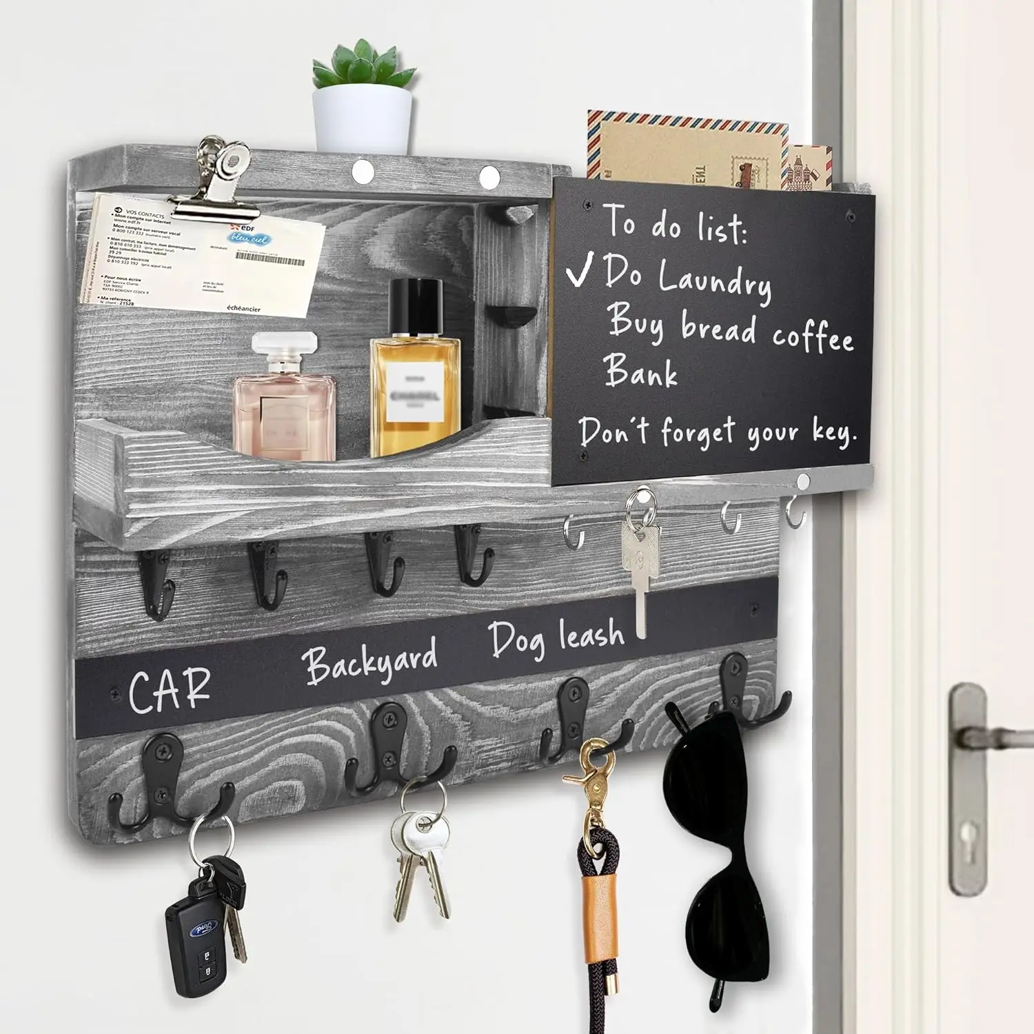 Key Holder for Wall Mount, Farmhouse Mail and Key Holder for Wall Hanger with Various Hooks, Home Decor Rack with Chalkb