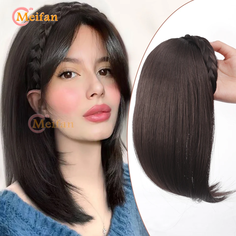 Meifan synthetische kurze gerade Stirnband halbe Perücke Clip in Haar verlängerung flauschige natürliche falsche Haarteil mit Haarband für Frauen