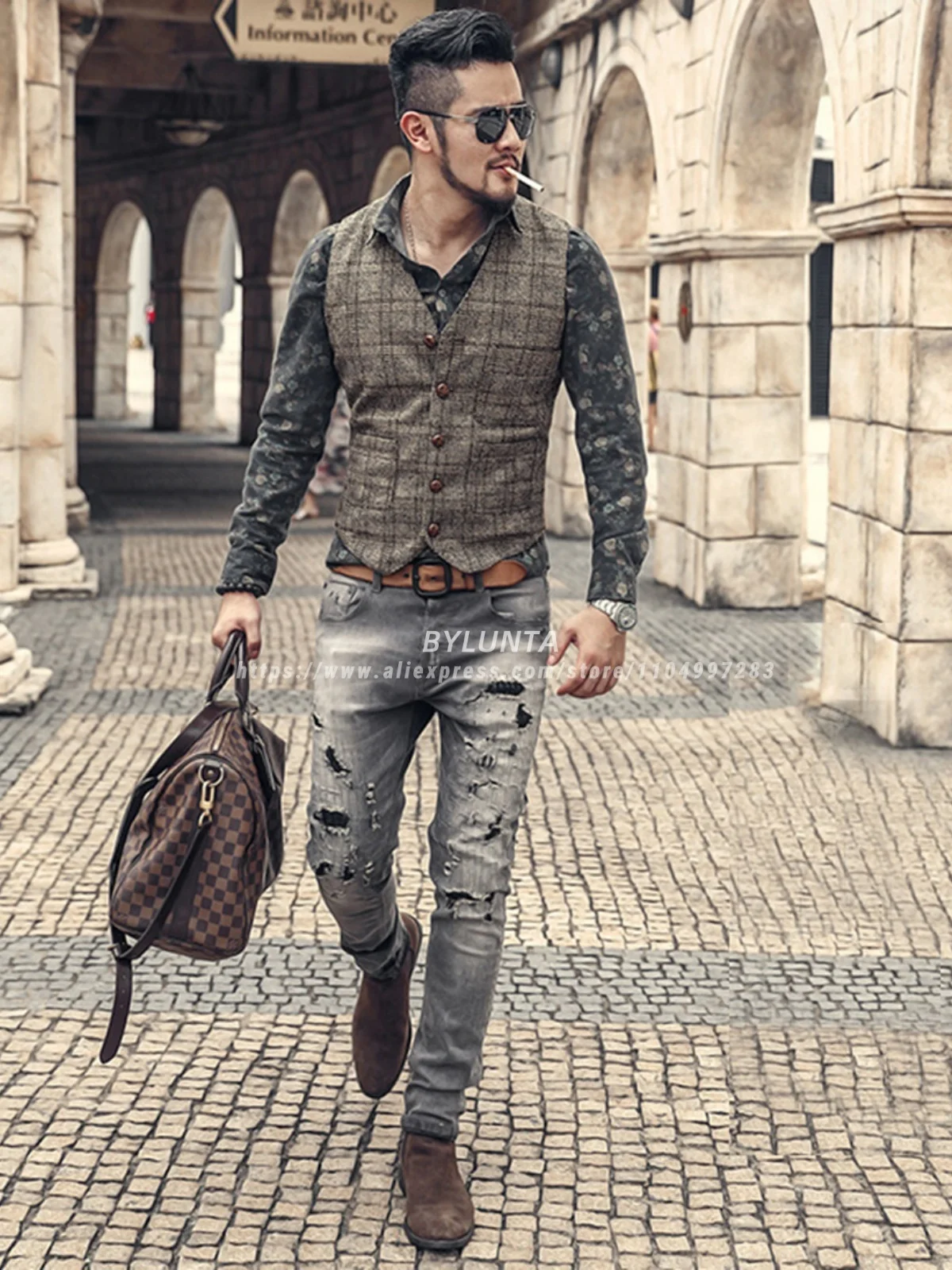 Bylunta Brown High-quality Buttons Casual Plaid Wool Men's Vest Waistcoat Wedding Cowboy Style Groomsmen