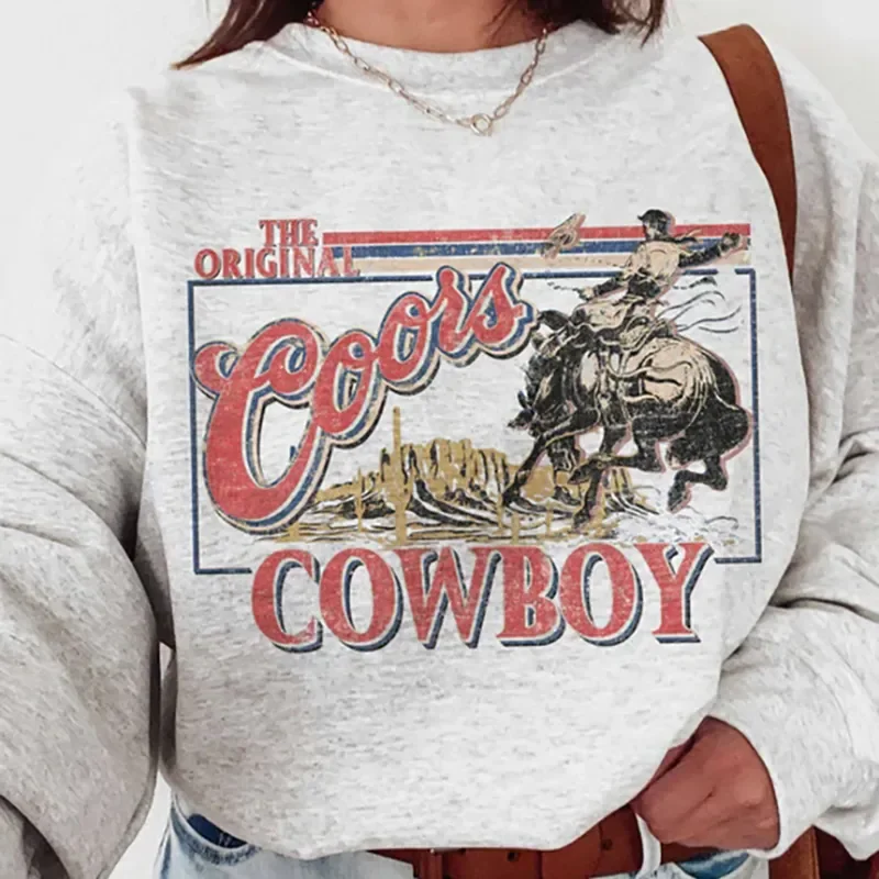 Autumn Vintage Style Cowboy Printing Crewneck Sweatshirt Unisex Loose Cotton Thick Warm Women Pullovers Casual Western Tops