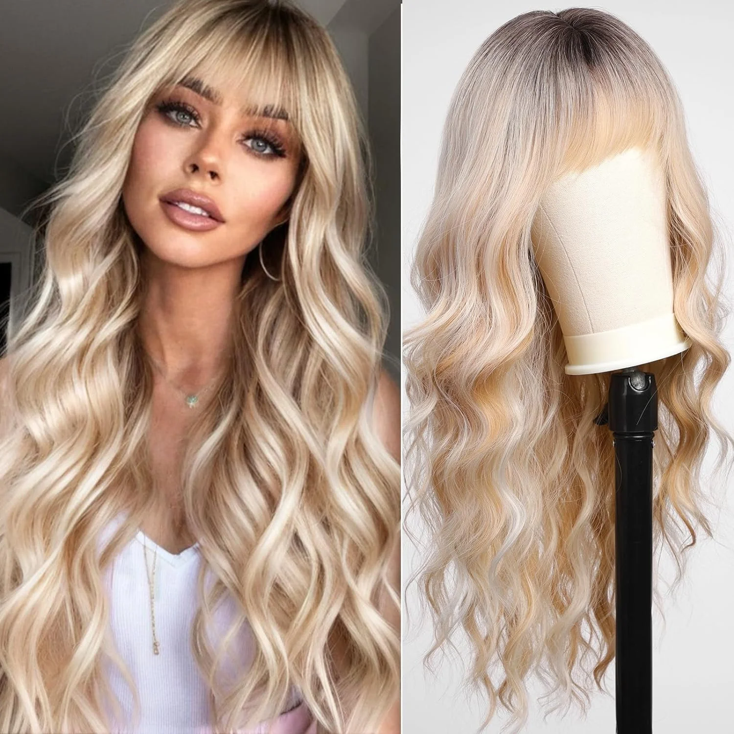 

Women's brown long curly hair with bangs and big waves, synthetic fiber high-temperature wire, full head wig, machine-made, real