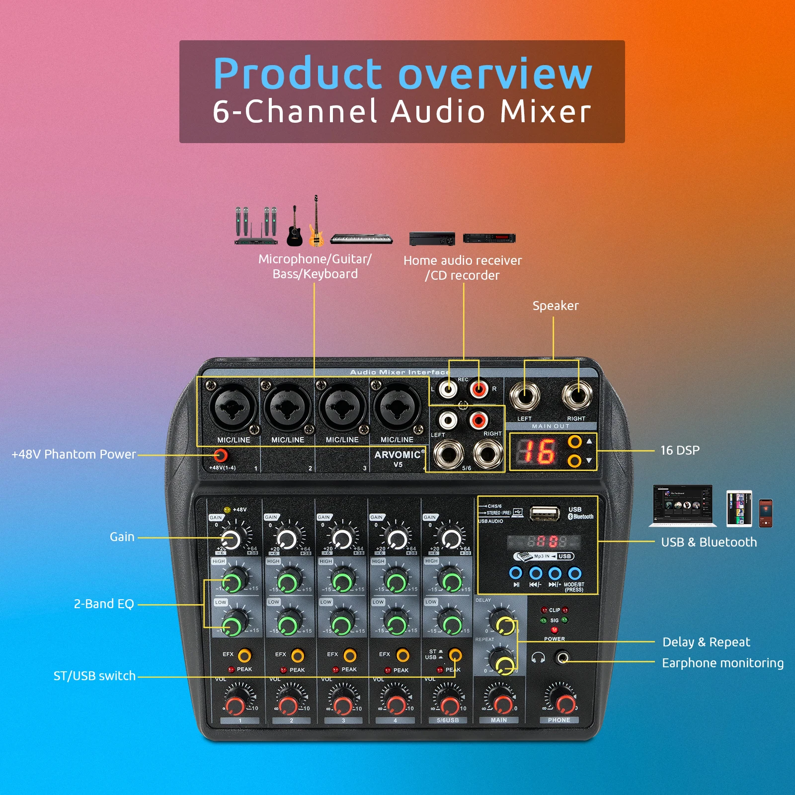 6 Channel Audio Mixer (V5) with USB&Bluetooth Function, 16 DSP, 2-Band EQ, Ideal for Home Recording, Live Streaming and Karaoke