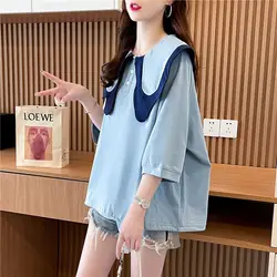 2024 New Office Lady Solid Color Pullovers Korean Ladies Sweet Women's Clothing Summer Loose 3/4 Sleeve All-match Trend T-Shirts