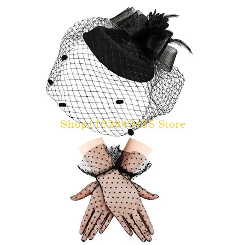 49MC Vintage Style Handmade Large Veil Women Feather Hair Fascinator Hat Wedding Mesh Short Gloves for Bridal Accessories