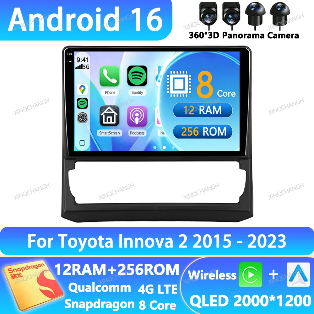 Android 16 Car Radio For Toyota Innova 2 2015 - 2023 GPS Head Unit 2DIN QLED Navigation Qualcomm Multimedia Video Player 4G WIFI
