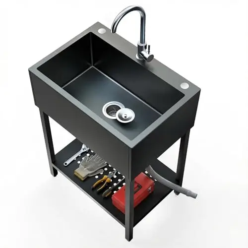 Freestanding Black Utility Sink for Garage, Heavy-Duty Stainless Steel Work Sinks, Deep Basin for Workshop, Laundry