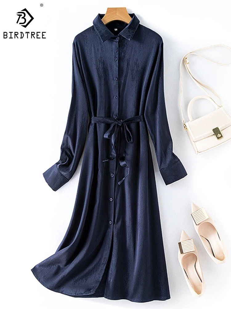 

Birdtree 93%Real Silk Elegant Dress Lapel Stretch Sambal Satin Dark Jacquard Long Sleeve Commute Shirt Dresses Summer D41320QD