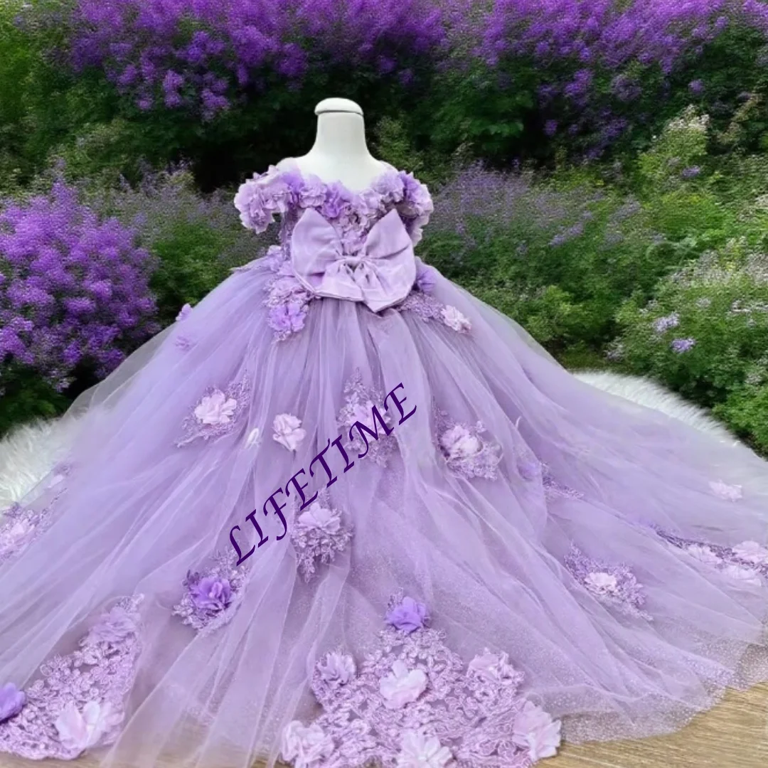 Personalizado roxo flor menina vestido apliques rendas fora do ombro brilhante tule vestidos de baile para festa de aniversário de casamento primeira comunhão