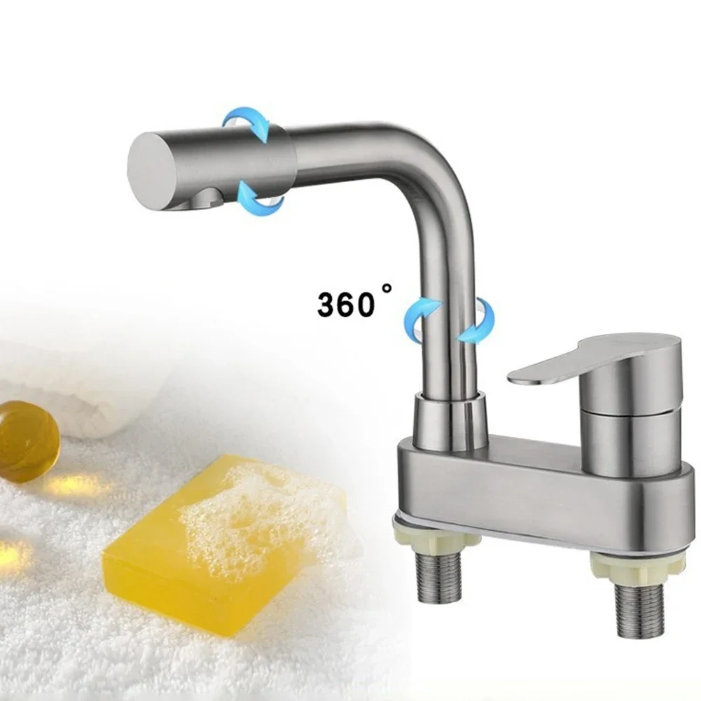 

1pc Basin Faucet Cold Hot Tap 304 Stainless Steel Sink Faucet Tap Contemporary 2 Holes Ceramic Valve Bathroom Fixture