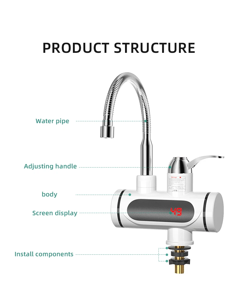 3000W Instant Hot Water Heater Faucet, 3S Fast Heating Electric Tap with LED Digital Temperature Display, Hot & Cold Dual Use view 6