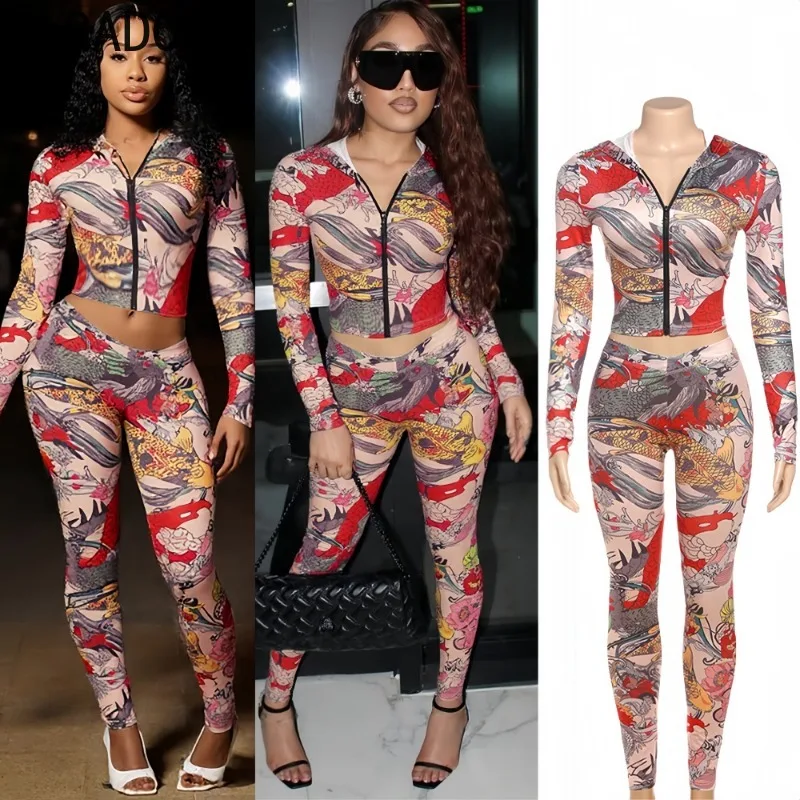 

FAGADOER Sexy Pattern Print 2 Pieces Set for Woman Long Sleeves Backless Crop Top and Skiny Pants Matching Suit Streetwear New