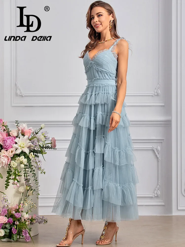 LD LINDA DELLA Estate 2024 Abito firmato di lusso per le donne Vintage Tinta unita Filato netto Cascading Ruffle Abiti con cinturino per spaghetti