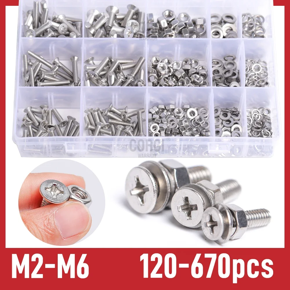 Flat Head Phillips Drive Screws Assortment Kit M2 M2.5 M3 M4 M5 M6 Stainless Steel 670/120 Pcs Machine Screw Hex Nuts with Box