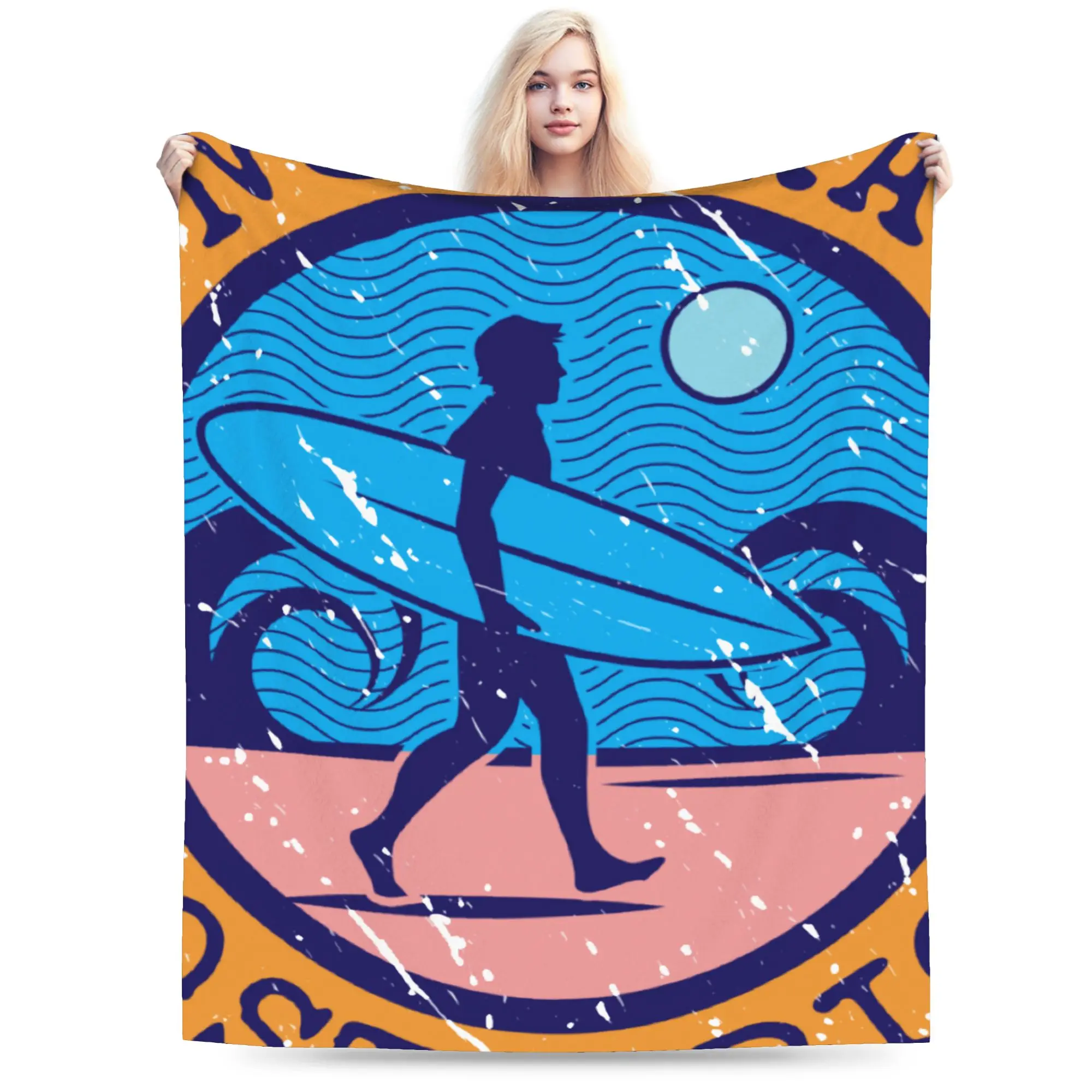 Custom Summer Beach Surfing  Blanket Soft Fleece Autumn Warm Flannel Surfer Gift Throw Blankets for Sofa Travel Bedroom Quilt