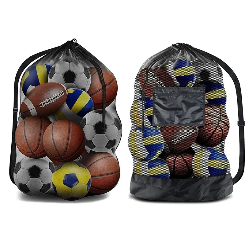 대형 메쉬 볼 가방 보관을위한 Drawstring 가방 축구 농구 배구 훈련 가방 어깨 끈이있는 검은 스포츠 가방
