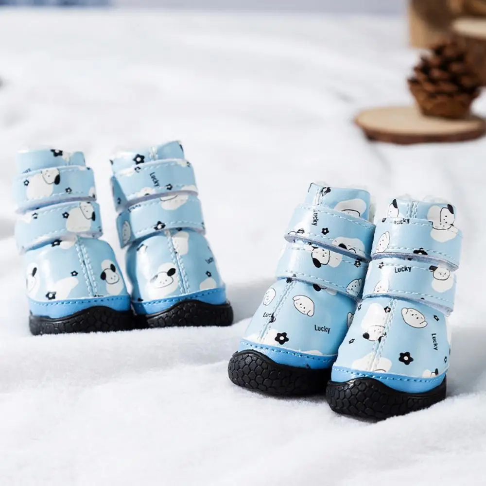 4pcs/set Cartoon Warm Dog Shoes Adjustable Plush Dog Rain Snow Boots Soft Waterproof Anti-slip Puppy Footwear for Puppy Dogs