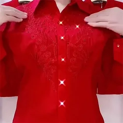 Fashion White Red Blue Shirts For Women New Temperament Design Embroidered Rhinestone Spring Autumn Summer Shirt Blous