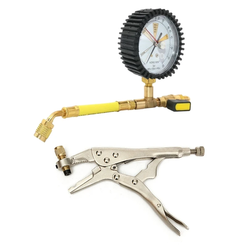 2 Pcs Mechanical Accessories:1 Pcs Conditioner Refrigerant Recovery Locking Plier & 1 Pcs Test Nitrogen Pressure Gauge