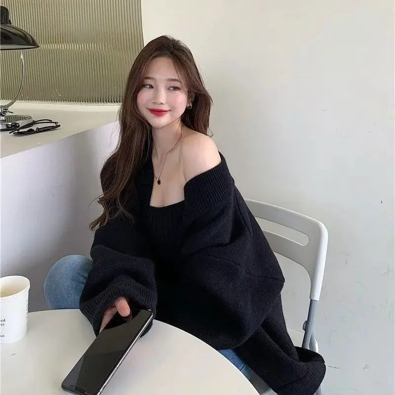 

Ele Knitted Sweater Jaet Women's Spring Autumn Khaki Tube Top Open Cardigan Two Piece Set Warmth V-ne Long Sve