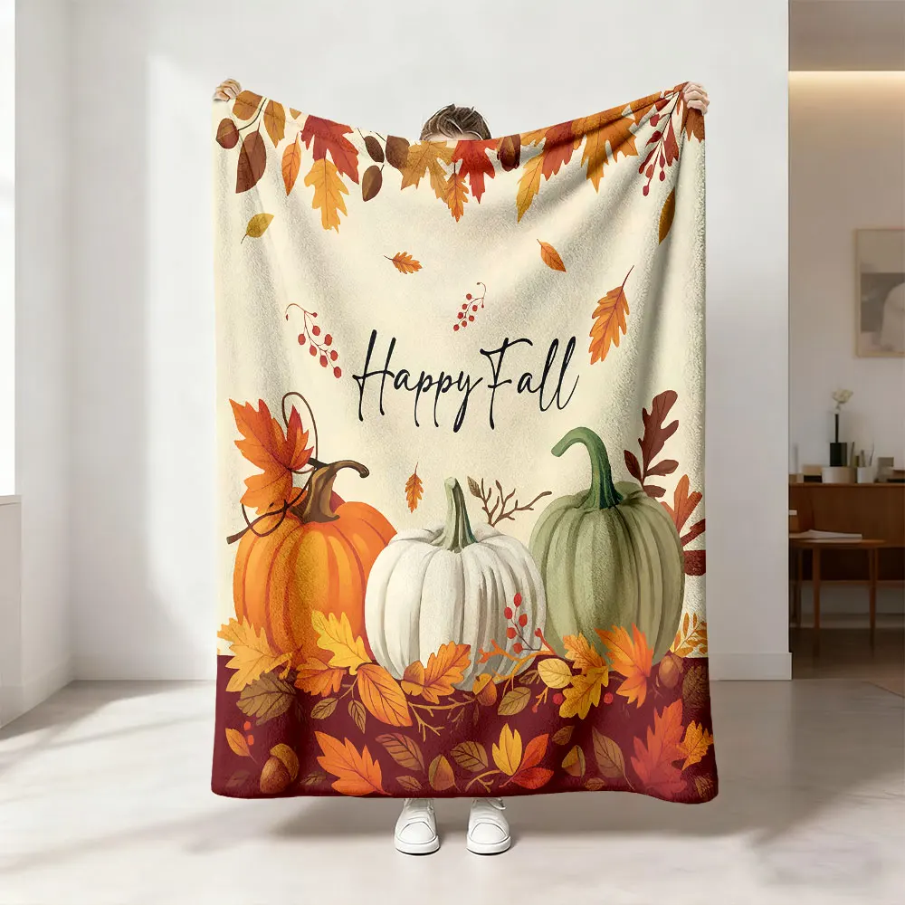 1 piece printed flannel throw blanket  a Happy Fall pumpkin  falling leaves pattern suitable all seasons a perfect gift optio