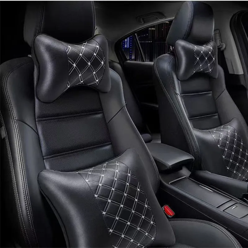 New Car Universal Seat Headrest Double Side Pu Leather Neck Memory Pillow Head Support Protector Cushion Auto Travel Accessories
