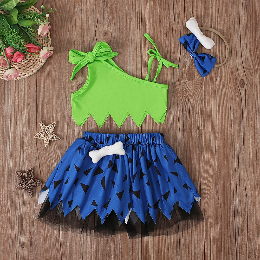 Girls European and American summer Halloween sleeveless solid color off-shoulder top + mesh skirt + hairband three-piece childre