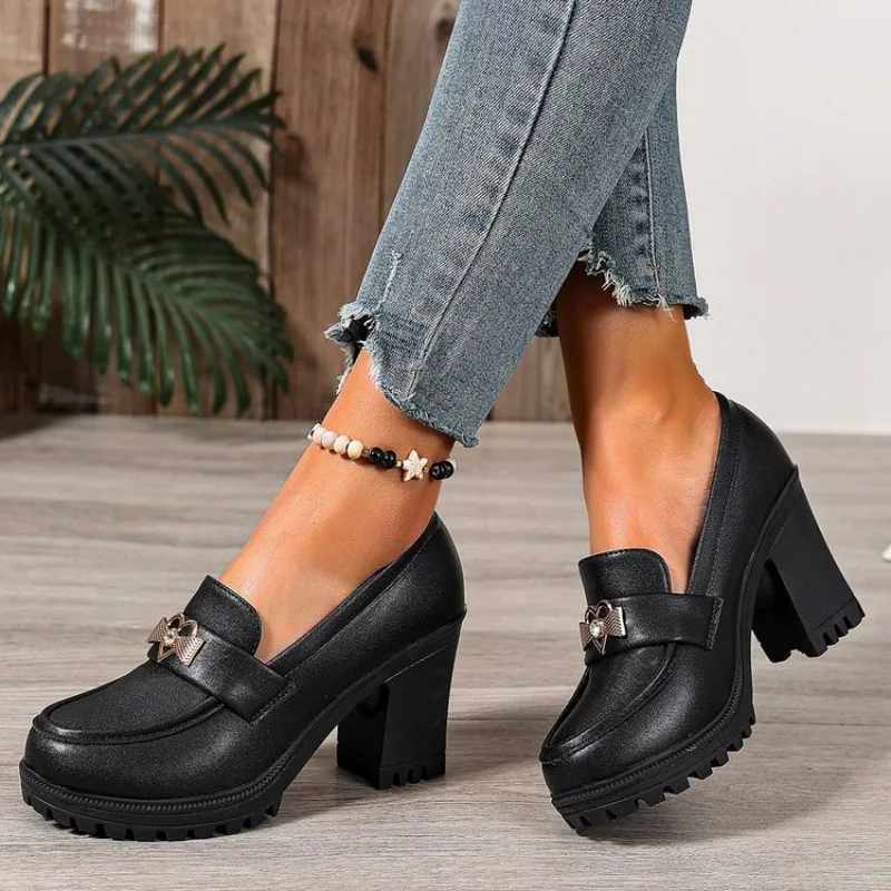 

Women's Leisure High-heeled Shoes with One Pedal and Round Head Spring and Autumn Non-slip Outdoor Platform Low-heeled Shoes.