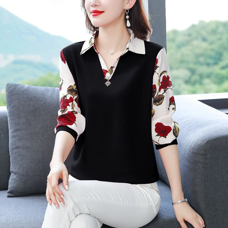 Spring and Autumn Elegant Fashion Shirt Women Trendy Vintage New Basic Office Lady Patchwork Long Sleeve Floral V Neck Slim Top