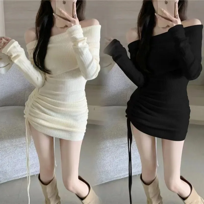 

One Shoulder Long Sleeve Sexy Dress Autumn New Style Hot Girl Drawstring Pleated Waist Hip Skirt Korean Backless Dress