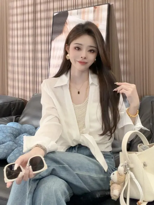 

Korean Style White Collar Long Sleeve Women's Shirt Loose Fit Slimming Versatile Spring New Fashion Top with Tie