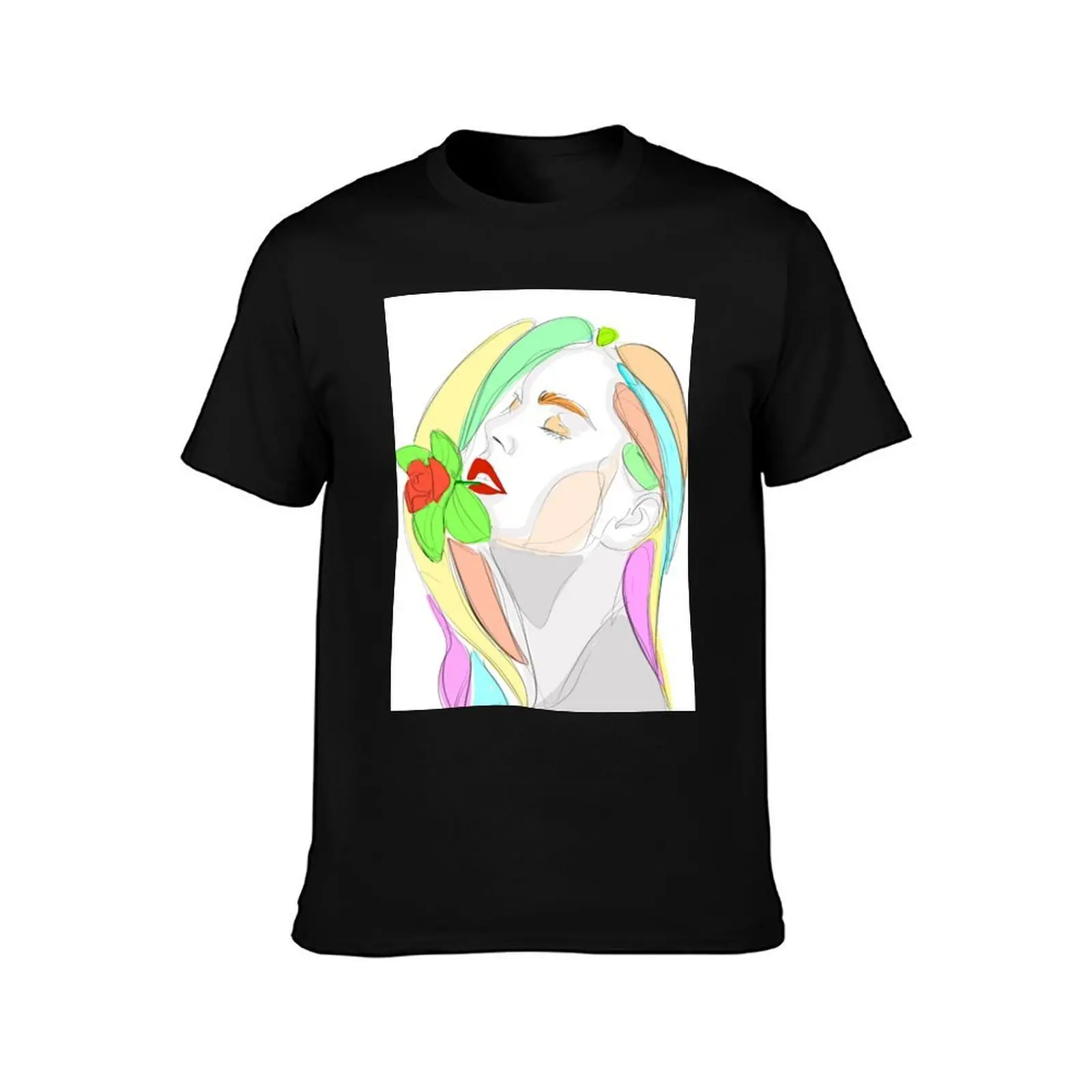 Woman with rose-line art T-Shirt, Summer Casual Cotton Tee, Oversized Streetwear Tops, Vintage Graphic Print, Unisex Men Women